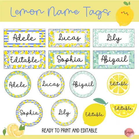 Lemon Theme Classroom Name Tags: Editable Summer Decor (Printable)