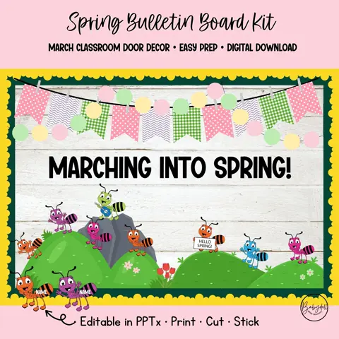 Marching Into Spring Bulletin Board Kit, Editable Ant Classroom Decor, March Door Display