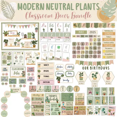 Modern Neutral Classroom Decor Bundle Boho Plant Theme Printable Bulletin Board Set