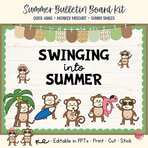 Monkey Summer Bulletin Board Kit for Elementary Classroom Jungle Decor and Safari Doors