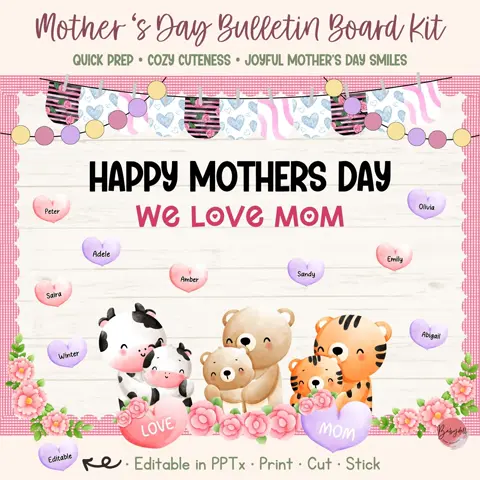 Mother's Day Bulletin Board Kit: Watercolor Animals, Editable Names