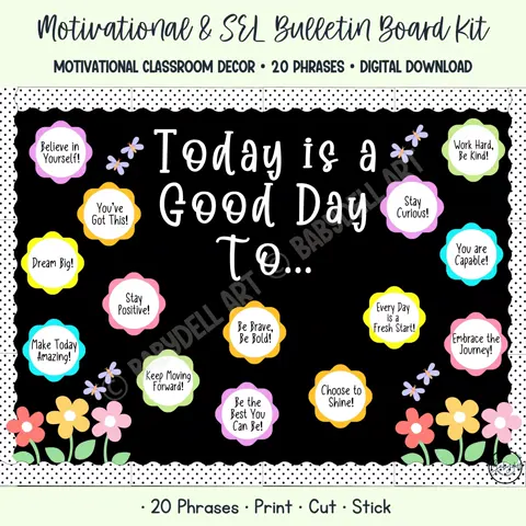 Motivational bulletin board kit and SEL classroom decor with spring flower growth mindset display