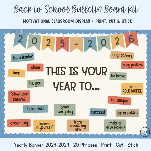 Motivational bulletin board kit with growth mindset decor and goal setting phrases