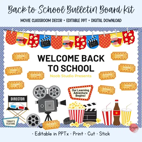 Movie bulletin board kit and cinema classroom decor with editable ticket name tags