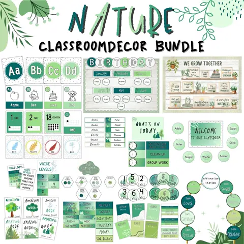 Nature Classroom Decor Bundle Green Boho Theme Editable Printable Set For Calm Organized Teachers