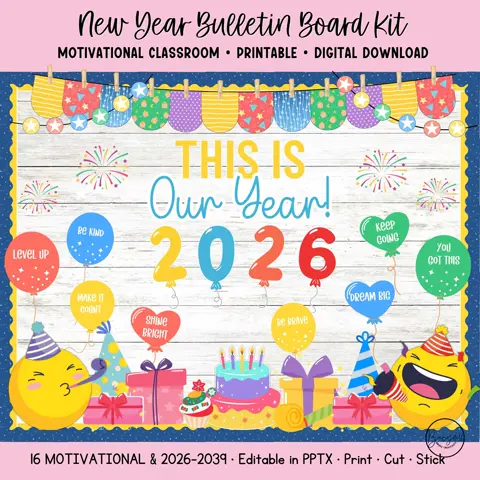New Year 2026 Bulletin Board Kit - Motivational Classroom Door Decor & Goal Setting Display