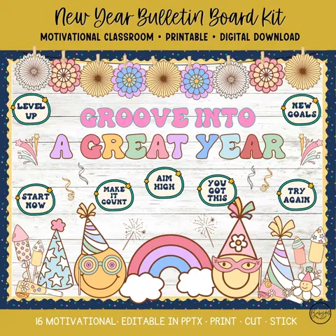 New Year Bulletin Board Kit, Groovy Classroom Decor & Goal Setting Activity