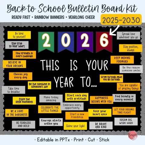 New year bulletin board kit, motivational goal setting decor & yearly classroom banners