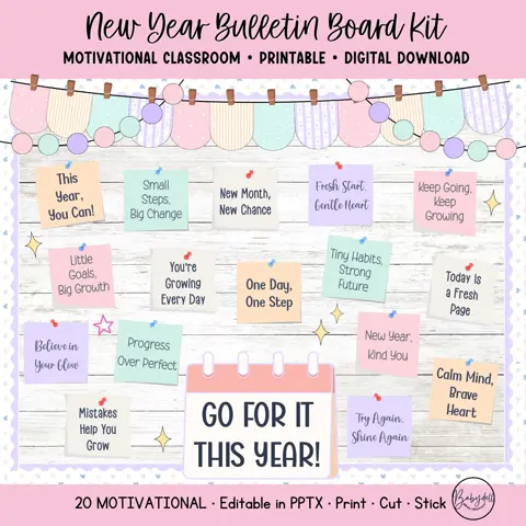 New Year Bulletin Board Kit, Motivational Sticky Notes & Growth Mindset Classroom Decor