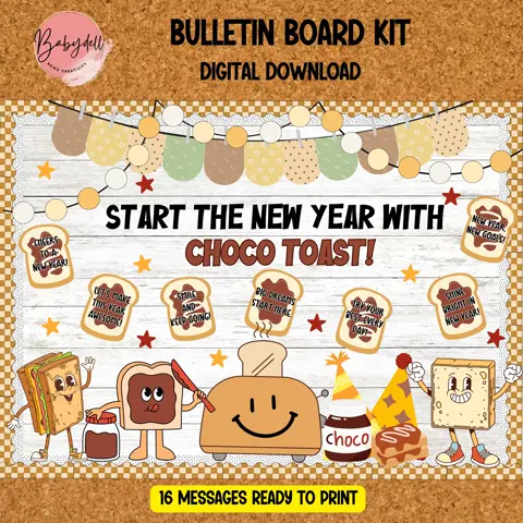 New Year Bulletin Board Kit, Retro Toast Classroom Decor & Funny Door Display