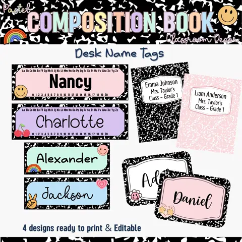Pastel Composition Book Desk Name Plates: Editable Classroom Decor (PDF, PPT, PNG)