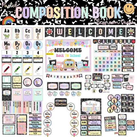 Pastel Composition Notebook Decor Bundle Editable Preppy Retro Theme Printable Set For Organized Teachers