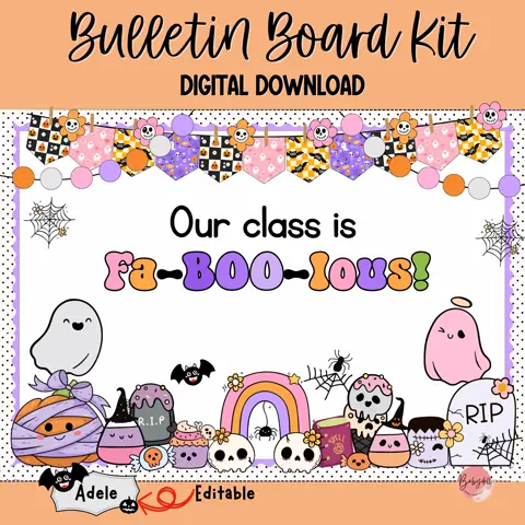 Pastel Halloween Bulletin Board Kit with Cute Ghost Decor for Classroom Door, Editable Spooky Name Tags, October Teacher Printable