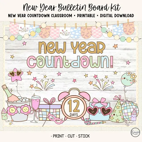 Pastel New Year Bulletin Board Kit & Countdown Clock for Classroom Decor