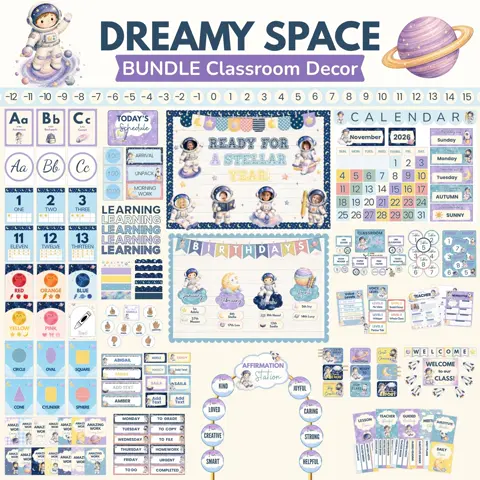 Pastel Space Decor Bundle for Editable Astronaut Classroom Setup