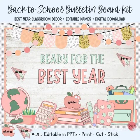 Peach bulletin board kit with pastel back to school decor and editable apple tags