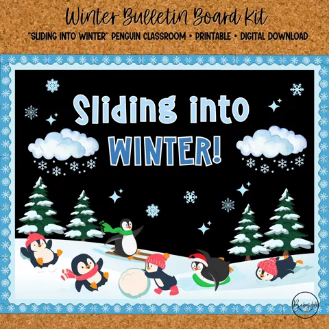 Penguin Bulletin Board Kit: Sliding into Winter for classroom decor