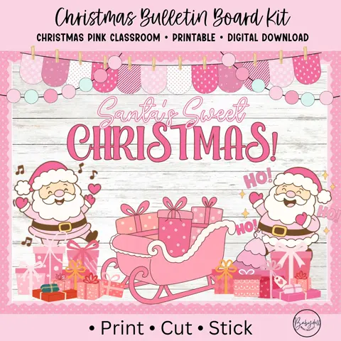 Pink Christmas Bulletin Board Kit, Pastel Classroom Decor & Retro Holiday Door Display