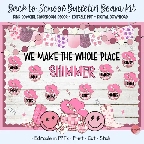 Pink cowgirl board and disco classroom decor with editable western shimmer name tags