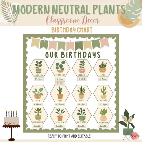 Plant Birthday Chart, Neutral Classroom Decor, Editable Boho Bulletin Board Kit