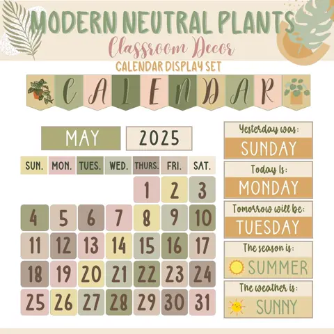 Plant Calendar Set, Neutral Classroom Decor, Editable Boho Morning Meeting Kit