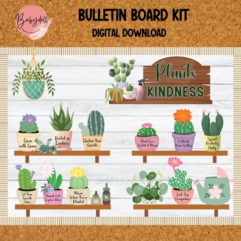 Plants Kindness Classroom Bulletin Board Kit, Printable Cactus Decor for Growth Mindset