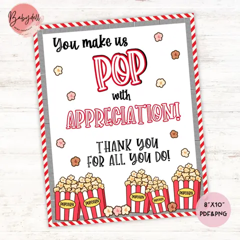 Popcorn Appreciation Sign Printable for Teacher and Staff Thank You Gift Station Decor