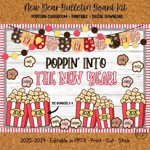 Popcorn New Year Bulletin Board Kit for 2025-2029 Classroom Decor