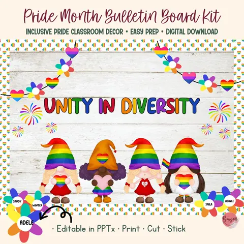 Pride month board and unity in diversity inclusive rainbow gnome classroom decor