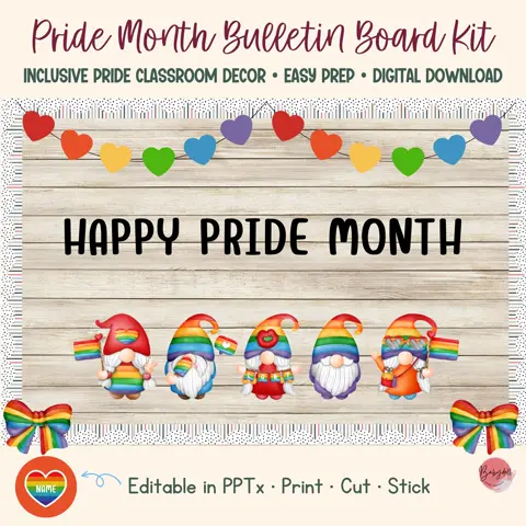 Pride month board kit inclusive rainbow gnome decor and LGBTQ classroom door display