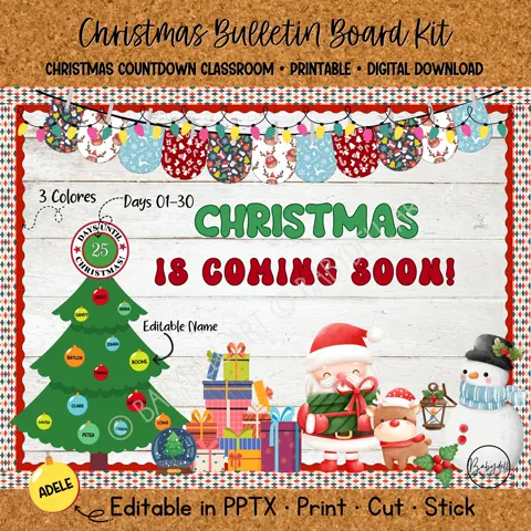 Printable Christmas Countdown Bulletin Board Kit for Classroom Holiday Decor