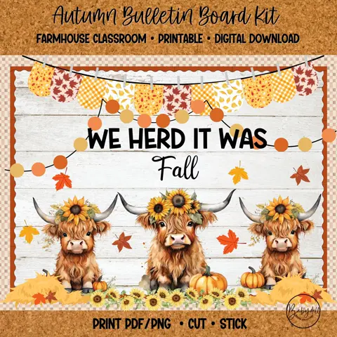 Printable Fall Bulletin Board Kit with Highland Cows for a Cozy Farmhouse Classroom
