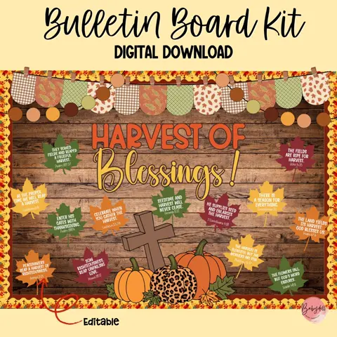 Religious Thanksgiving Bulletin Board Kit: Christian Fall Classroom Decor (Printable PDF & Editable PPTX Files)