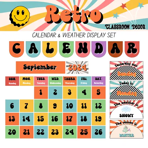 Retro Classroom Calendar Kit: Editable Weather Chart (Digital Download)