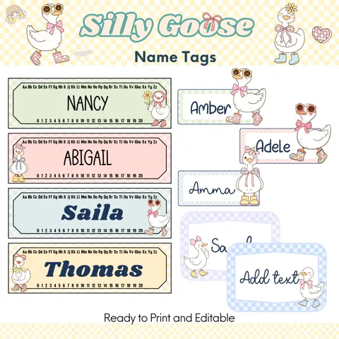 Retro Goose Name Tags: Pastel Classroom Decor (Printable PDF & PPT Editable Templates)