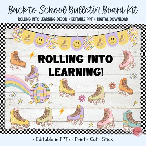 Retro roller skate bulletin board kit, groovy disco classroom decor, editable skate names