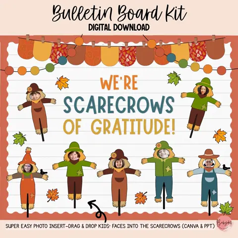Scarecrow Gratitude Bulletin Board Kit for an Editable Fall Classroom Display