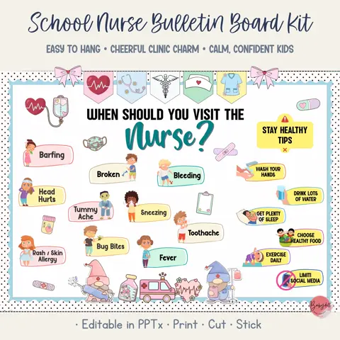 School nurse bulletin board kit, health room decor & when to visit clinic sign