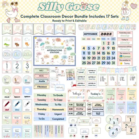 Silly Goose Classroom Decor Bundle Groovy Pastel Coquette Theme Editable Teacher Printable Set