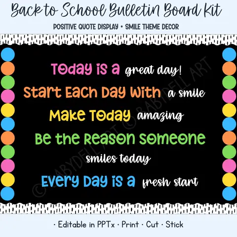 Smile bulletin board kit with positive quote display and colorful classroom decor