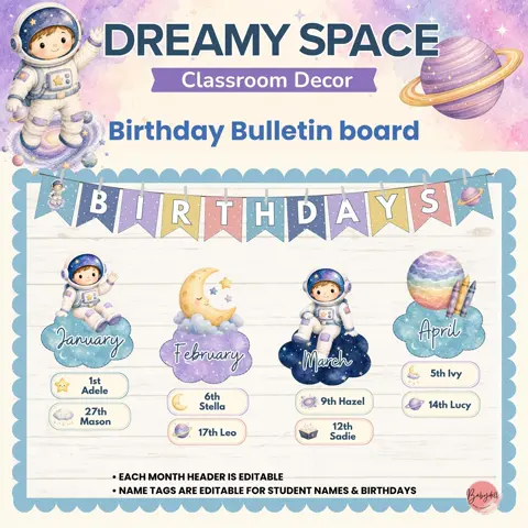 Space birthday board and dreamy galaxy classroom decor with editable astronaut student