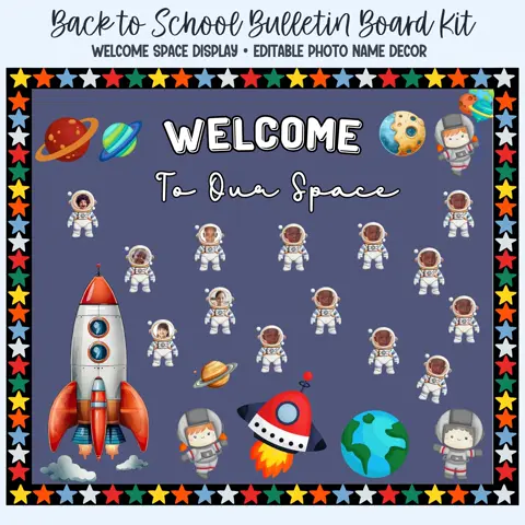 Space bulletin board kit and astronaut photo craft with editable student name tags