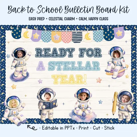 Space bulletin board kit, celestial astronaut photo craft & blast off door decor