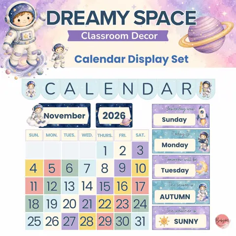 Space calendar set and dreamy galaxy classroom decor with astronaut morning meeting board