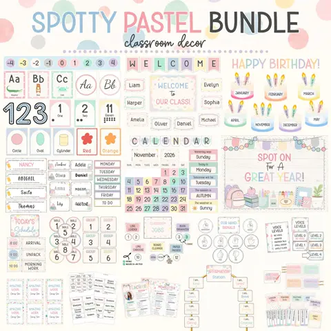Spotty pastel decor bundle for kindergarten back to school classroom setup