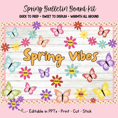 Spring Bulletin Kit with Butterflies and Editable Flower Student Name Tags