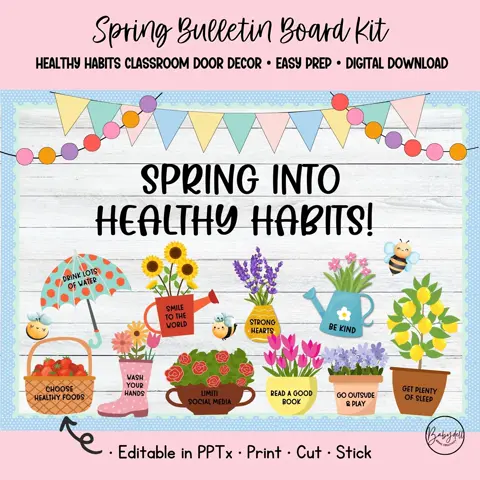 Spring Healthy Habits Bulletin Board Kit for School Nurse Office and Classroom Wellness Decor