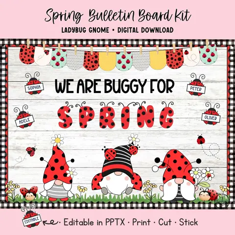 Spring Ladybug Bulletin Board Kit Editable Gnome Classroom Decor March Door Display For Teachers