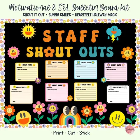 Staff Bulletin Board Kit Groovy Staff Shout Out Printable Recognition Cards