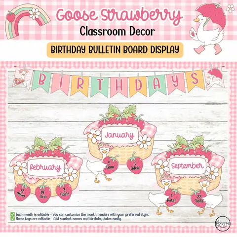 Strawberry Goose Classroom Birthday Display Bulletin Board Kit for Cute Cottagecore Decor
